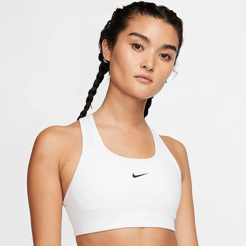 Nike Women's Dri-FIT Swoosh Medium Support 1 Piece Pad Sports Bra (White/Black) 1 Nike Women's Dri-FIT Swoosh Medium Support 1 Piece Pad Sports Bra (White/Black)